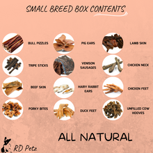 Load image into Gallery viewer, NATURAL DOG TREAT BOX FOR SMALL BREEDS CONTENTS
